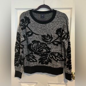 GAP Black Grey Floral Rose Crew Neck Sweater